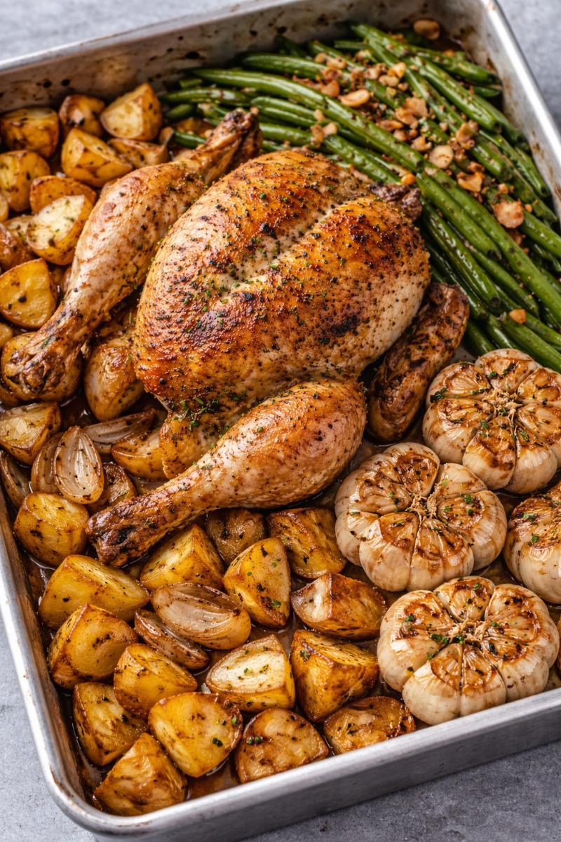 Photo de Poulet rôti avec pommes de terre et haricots verts